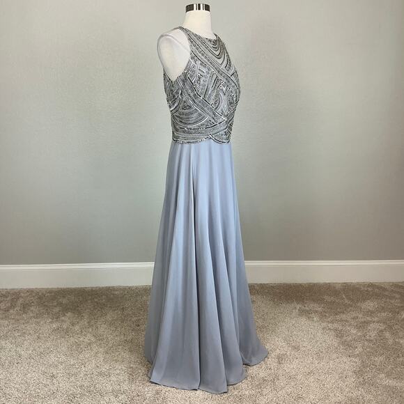 Betsy & Adam Beaded Chiffon Evening Gown Gray Size 8 Cut Out Thigh Slit Formal - Picture 3 of 13